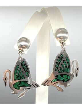 925 Sterling Silver Mexico Swan Bird Malachite Screw Back Dangle Earrings